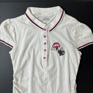 Lot 29 Polo Shirt Women's L White Y2K Preppy Vintage Rhinestones